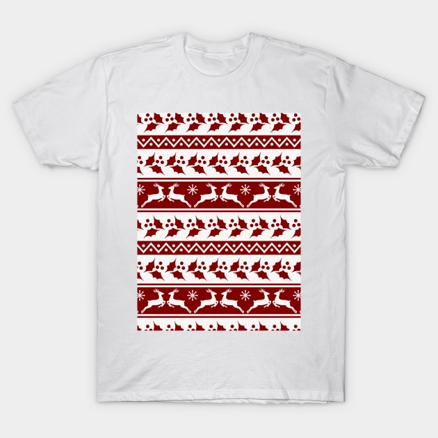 Dark Christmas Candy Apple Red Nordic Reindeer Stripe in White T-Shirt by podartist